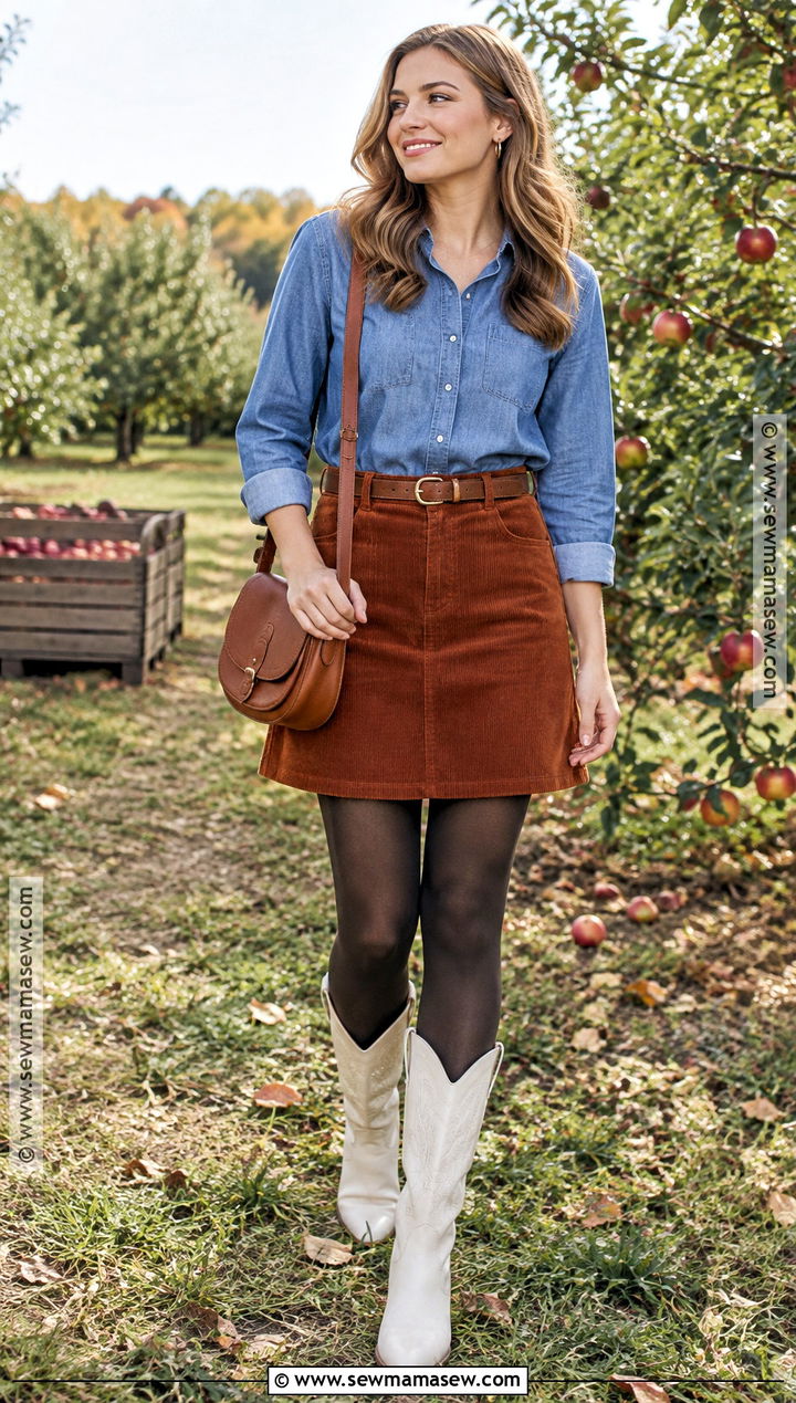 White Cowboy Boots With Corduroy Skirt And Chambray Shirt - 15 white cowboy boots fall outfit