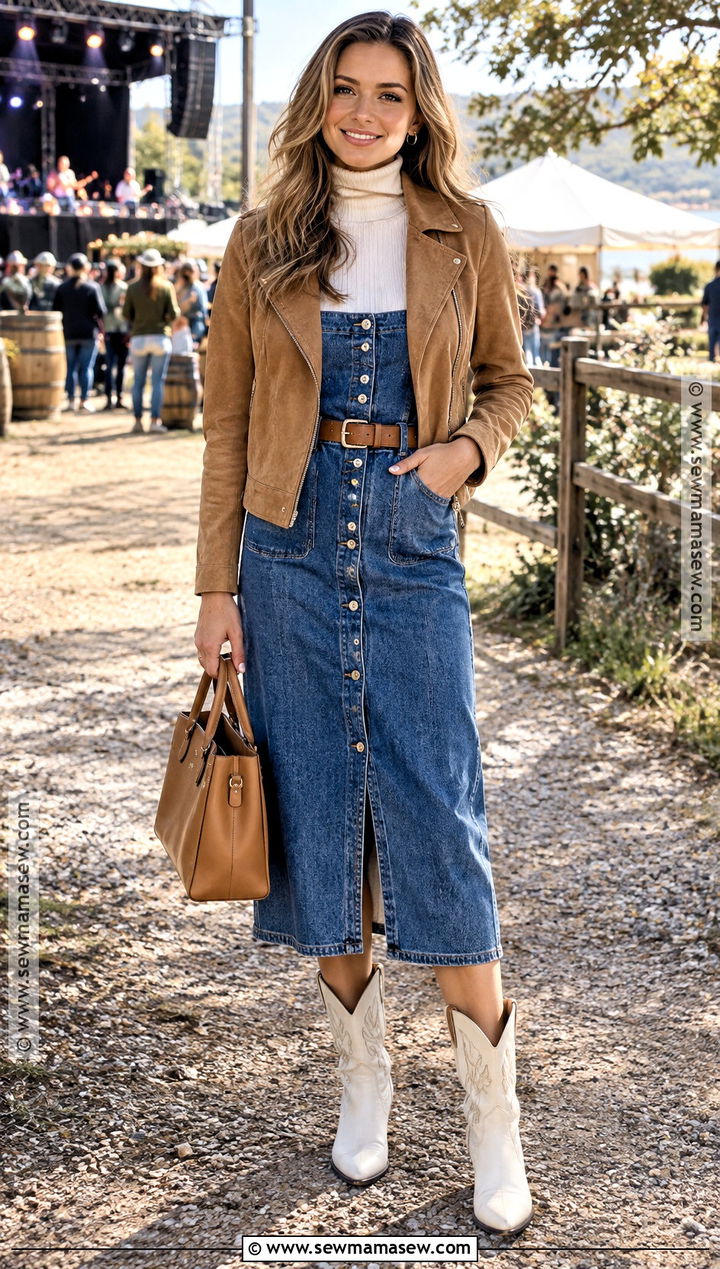 White Cowboy Boots With Denim Dress And Jacket - 25 fall boots outfit