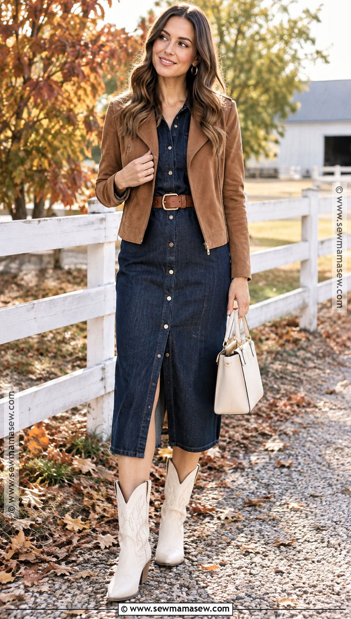 White Cowboy Boots With Denim Dress - 25 fall boots aesthetic