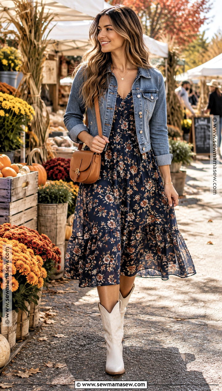 White Cowboy Boots With Floral Midi Dress And Denim Jacket - 15 white cowboy boots fall outfit