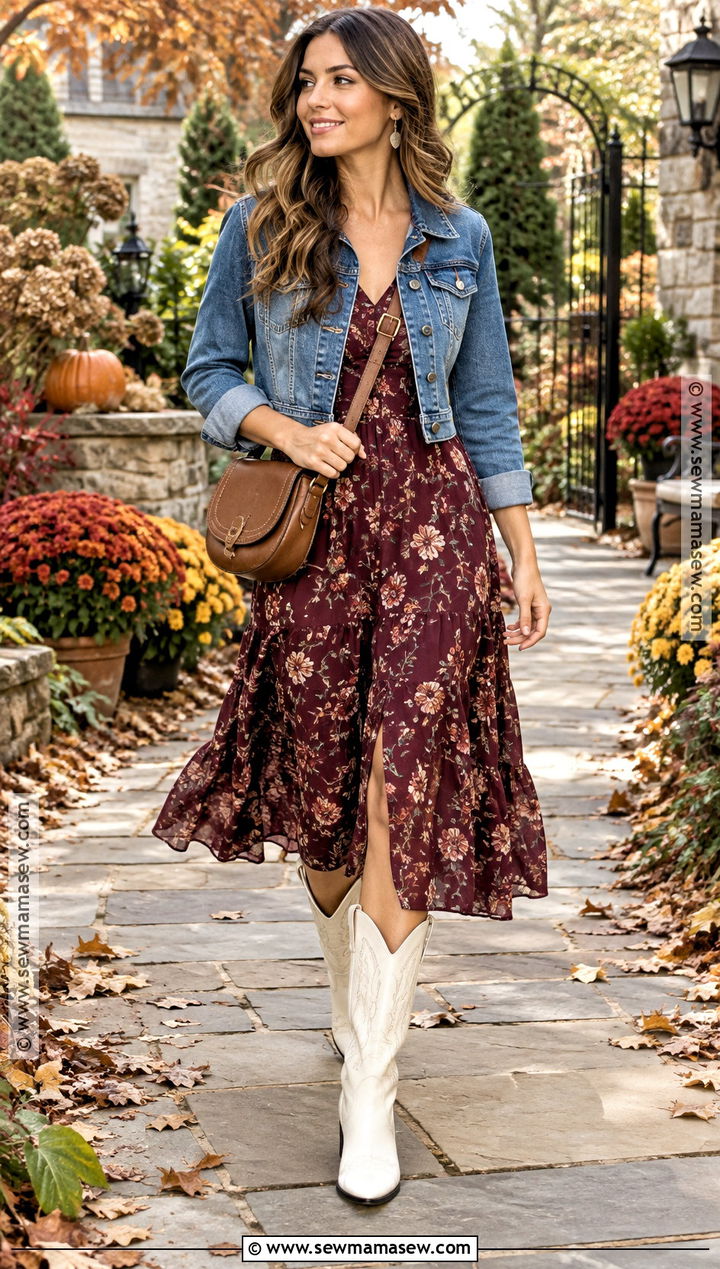 White Cowboy Boots With Floral Midi Dress And Jacket - 20 white cowboy boots outfit fall