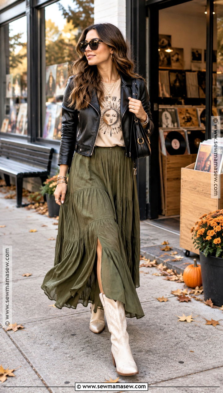 White Cowboy Boots With Graphic Tee And Maxi Skirt - 20 Cowboy Boot Fall Outfits