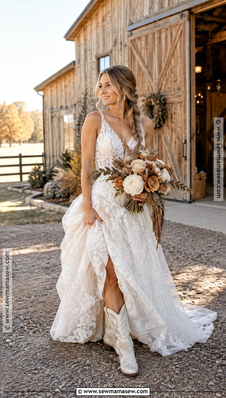 White Cowboy Boots With Lace Wedding Dress - 15 fall wedding boots for bride
