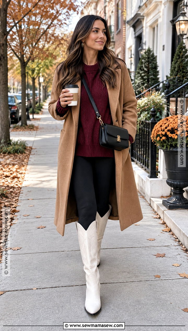 White Cowboy Boots With Leggings And Oversized Sweater - 20 white cowboy boots outfit fall