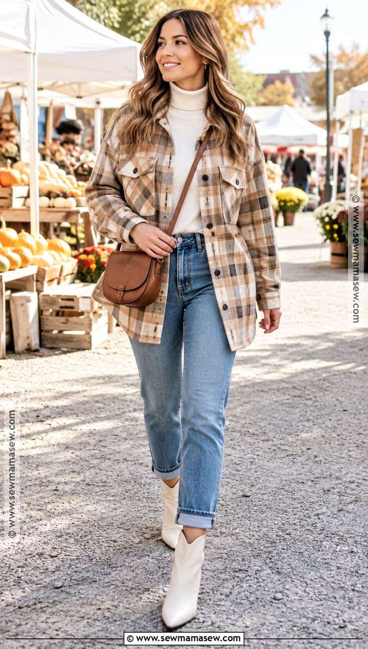White Cowboy Boots With Shacket And Relaxed Jeans - 20 white cowboy boots outfit fall