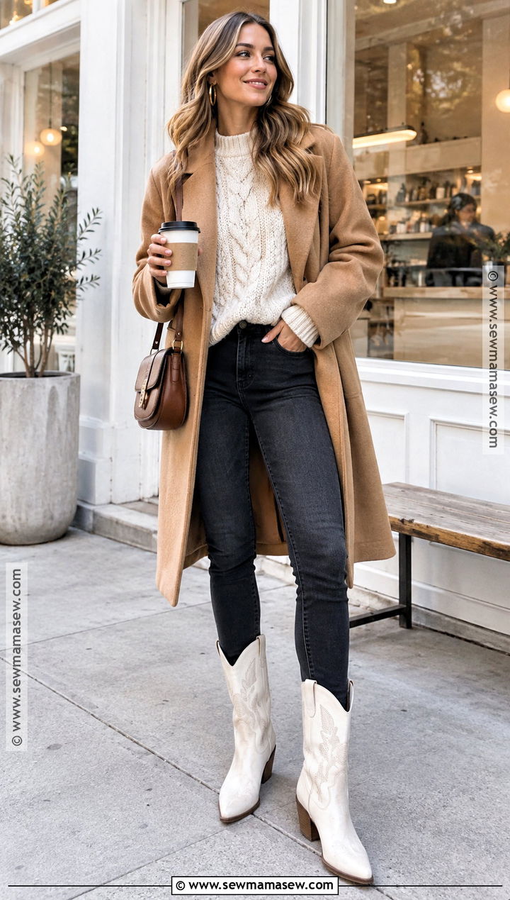 White Cowboy Boots With Skinny Jeans And Oversized Sweater - 15 white cowboy boots fall outfit