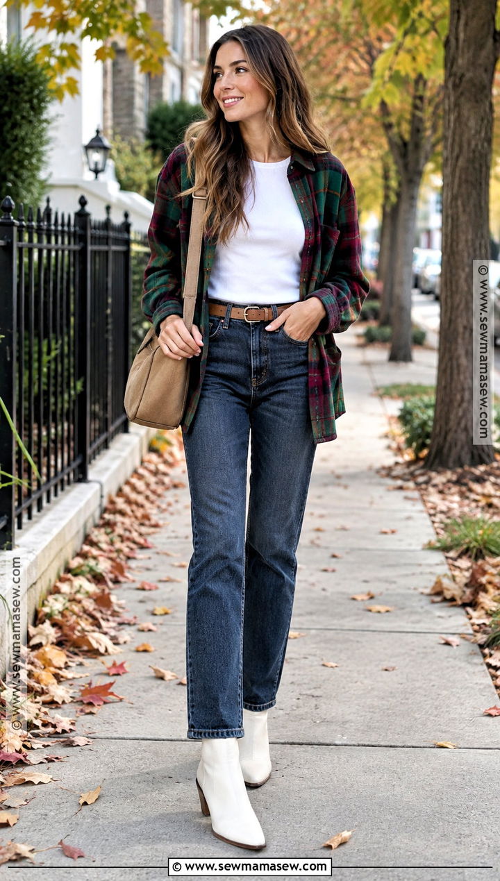White Cowboy Boots With Straight Jeans And Plaid Shirt - 15 white cowboy boots fall outfit