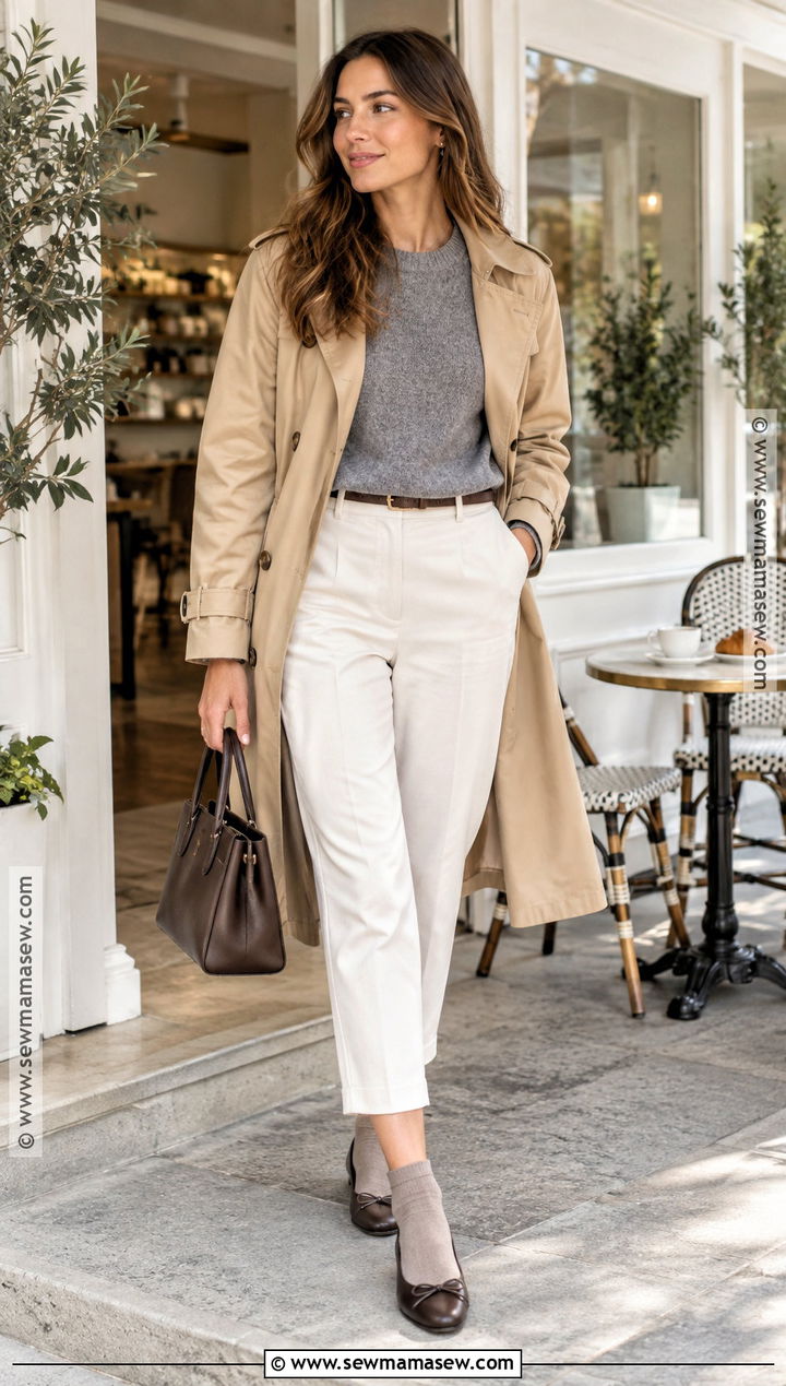 White Cropped Pants With Trench Coat And Ballet Flats - 15 cropped pants fall outfit
