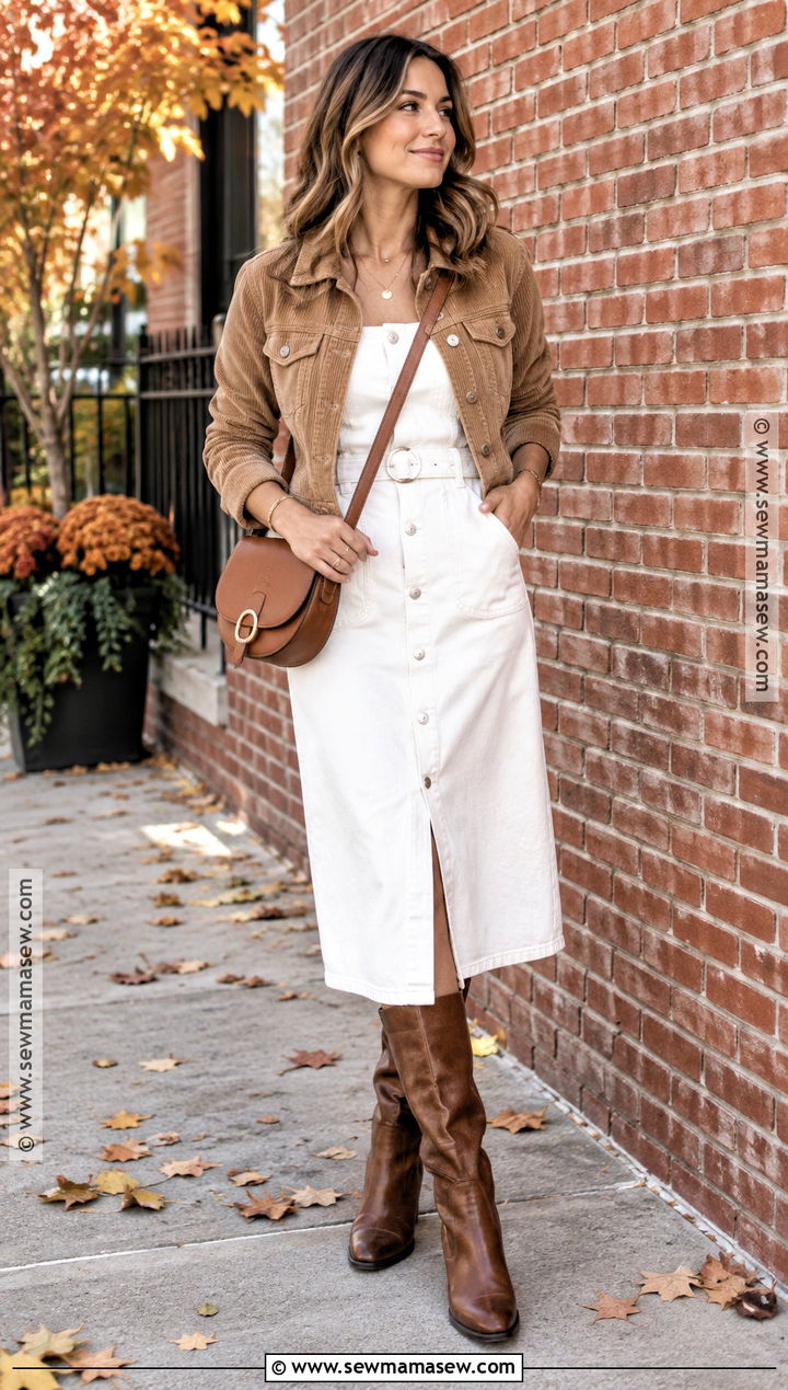 White Denim Dress With Brown Boots - 20 white dress autumn outfit ideas