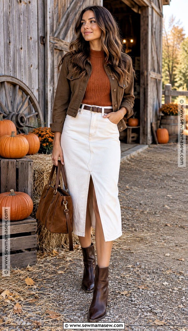 White Denim Midi Skirt Pumpkin Patch Outfit - 20 skirt pumpkin patch outfit ideas