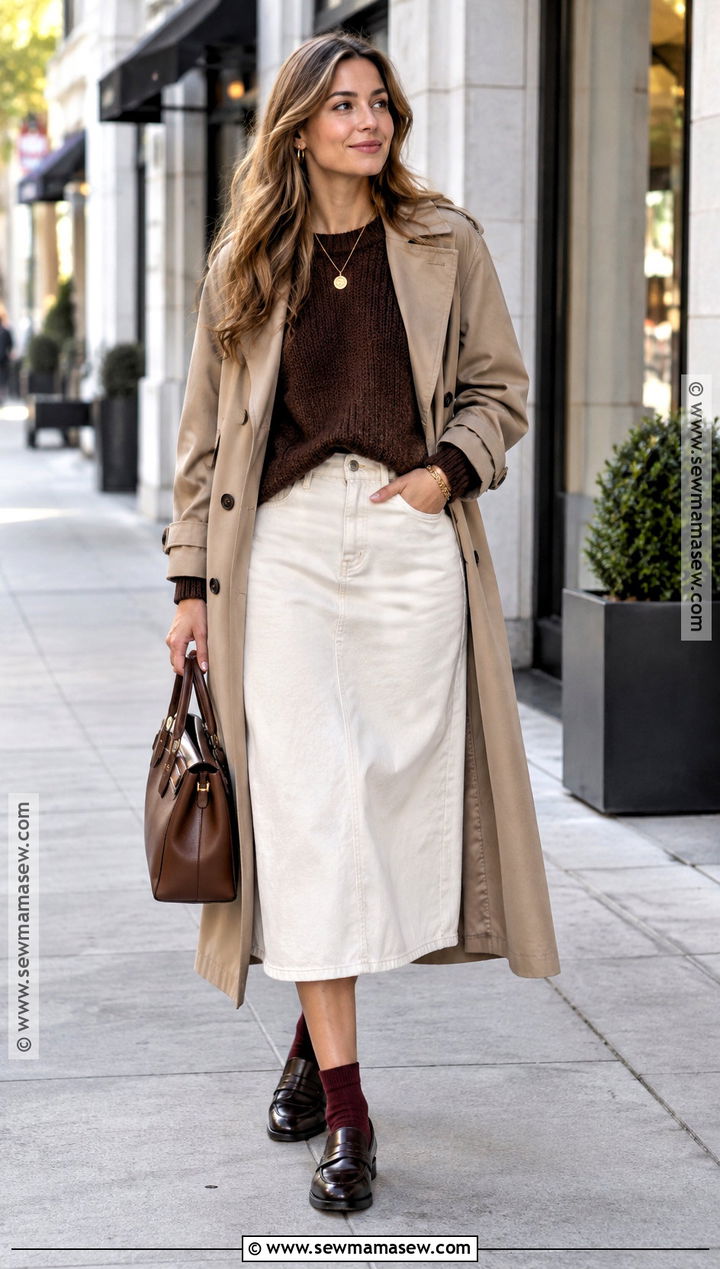 White Denim Skirt With Brown Sweater And Loafers - 25 fall denim skirt outfits