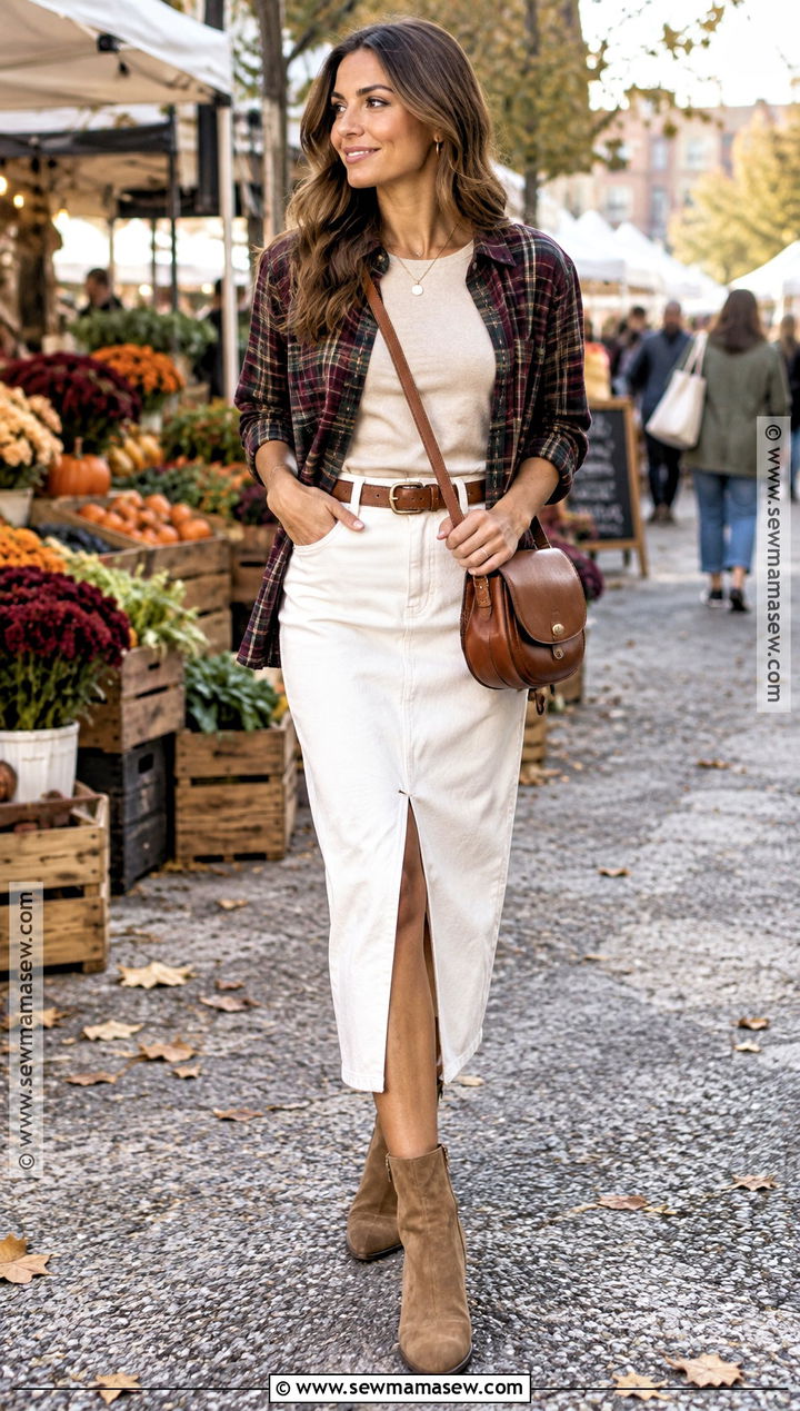 White Denim Skirt With Plaid Shirt - 25 white skirt outfit autumn ideas