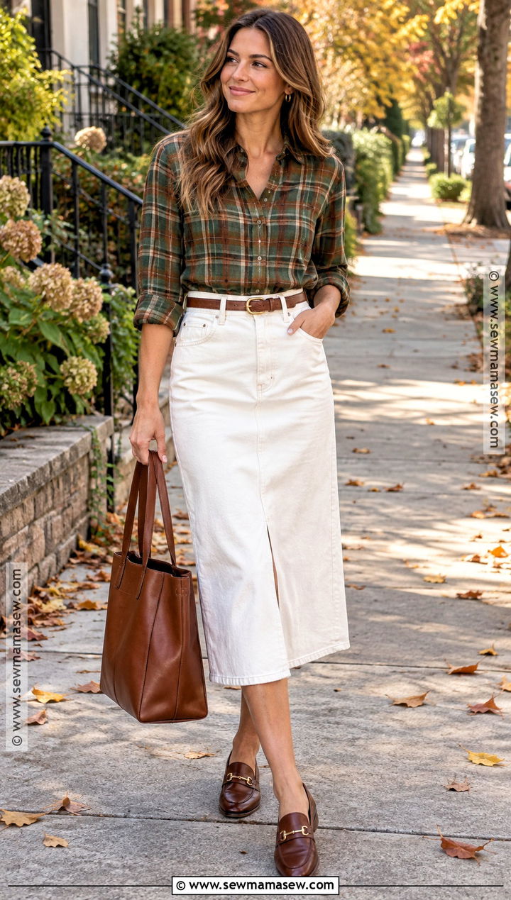 White Denim Skirt With Plaid Shirt - 20 fall white skirt outfits