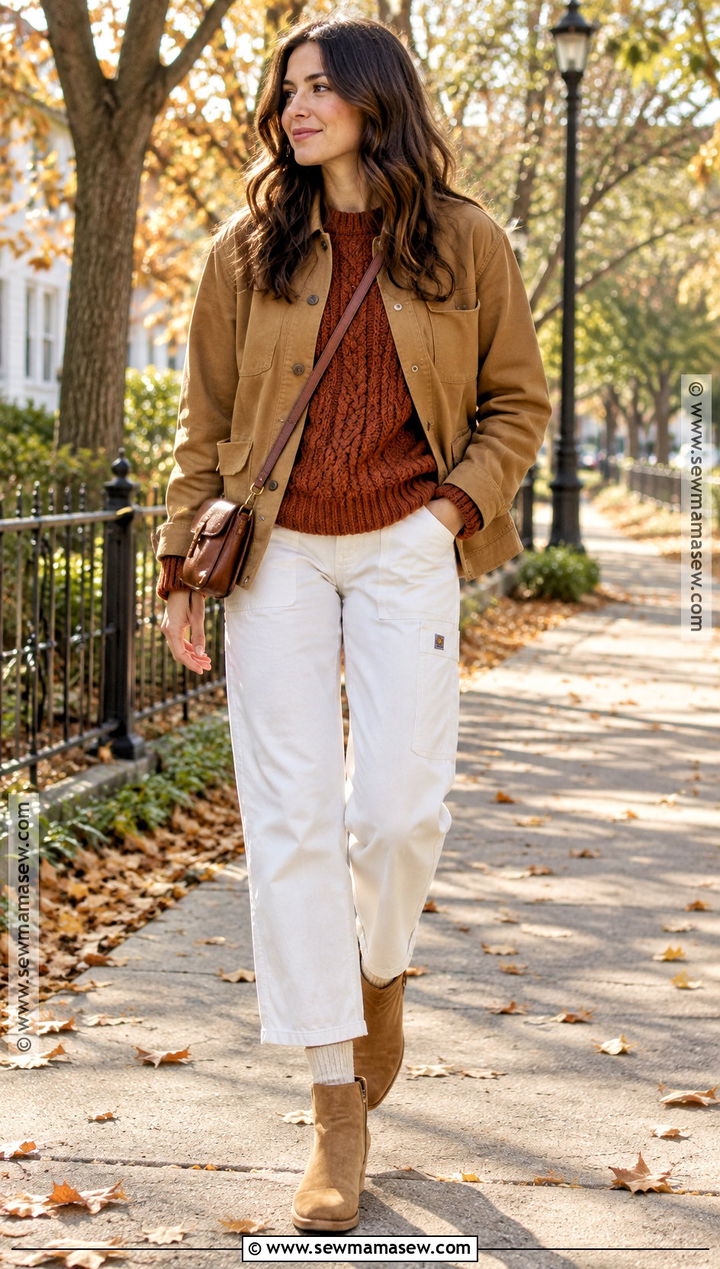 White Dickies Pants With Rust Sweater And Suede Boots - 15 Dickies Pants Outfits Women Fall