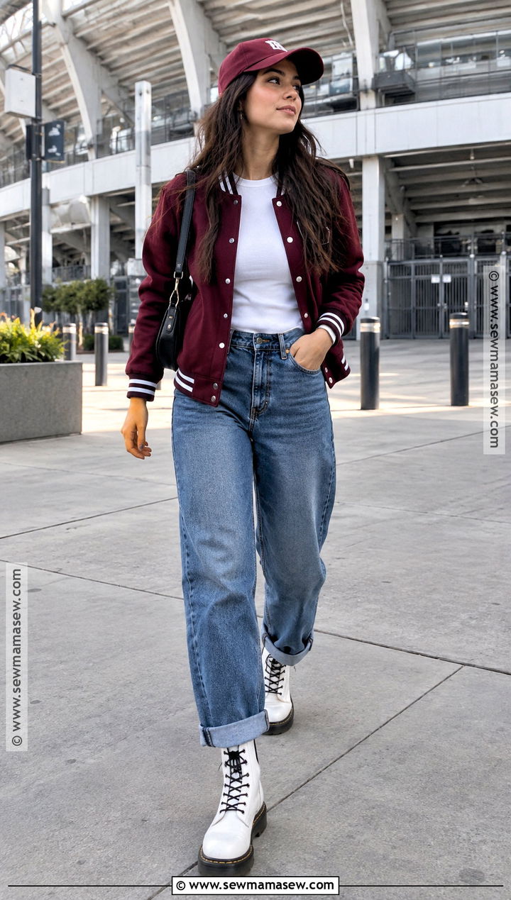 White Doc Martens With Baggy Jeans and Varsity Jacket - 20 white doc martens outfit fall ideas