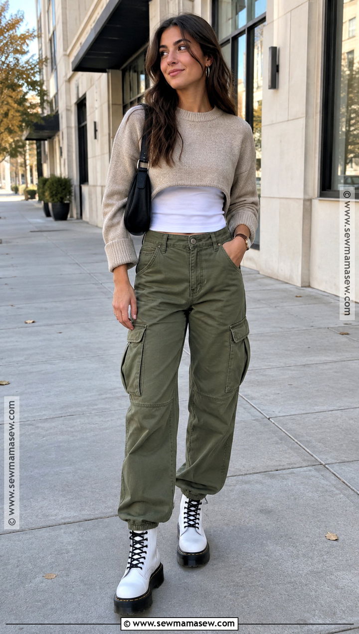 White Doc Martens With Cargo Pants and Cropped Sweater - 20 white doc martens outfit fall ideas