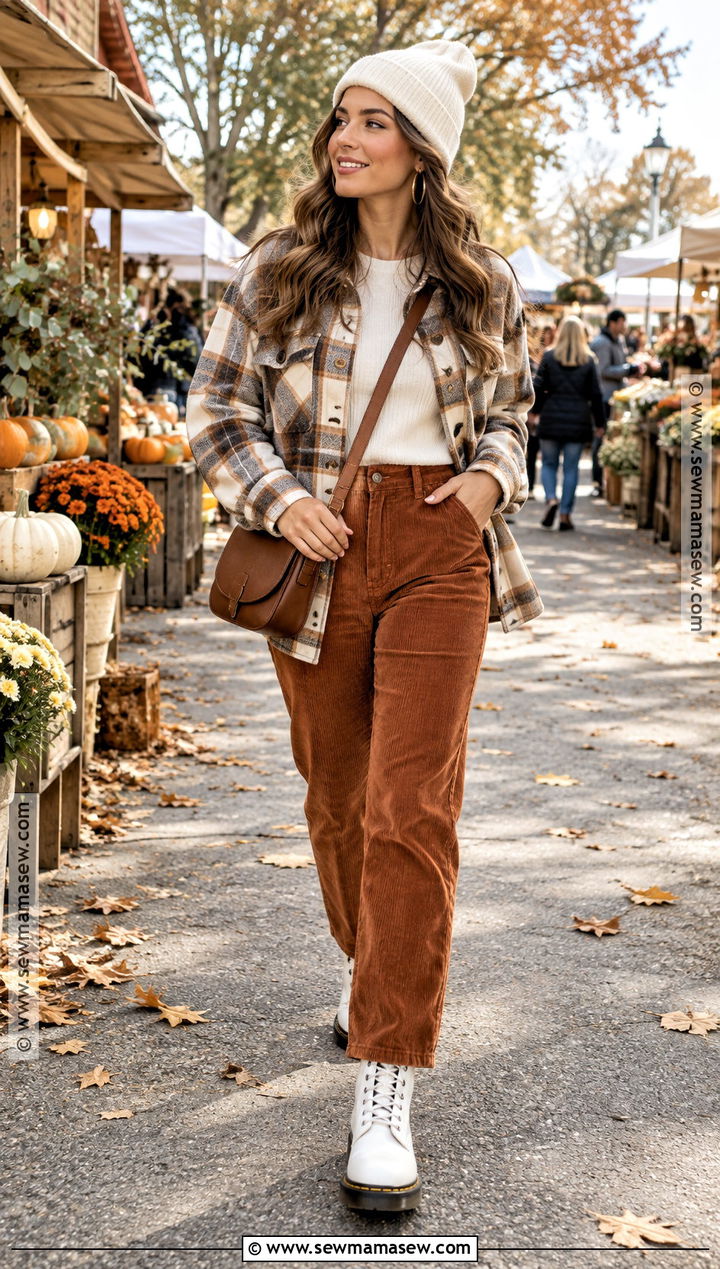 White Doc Martens With Corduroy Pants and Shacket - 20 white doc martens outfit fall ideas