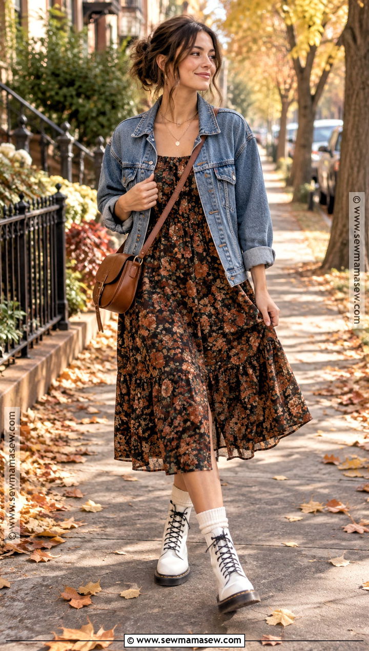 White Doc Martens With Floral Midi Dress and Denim Jacket - 20 white doc martens outfit fall ideas