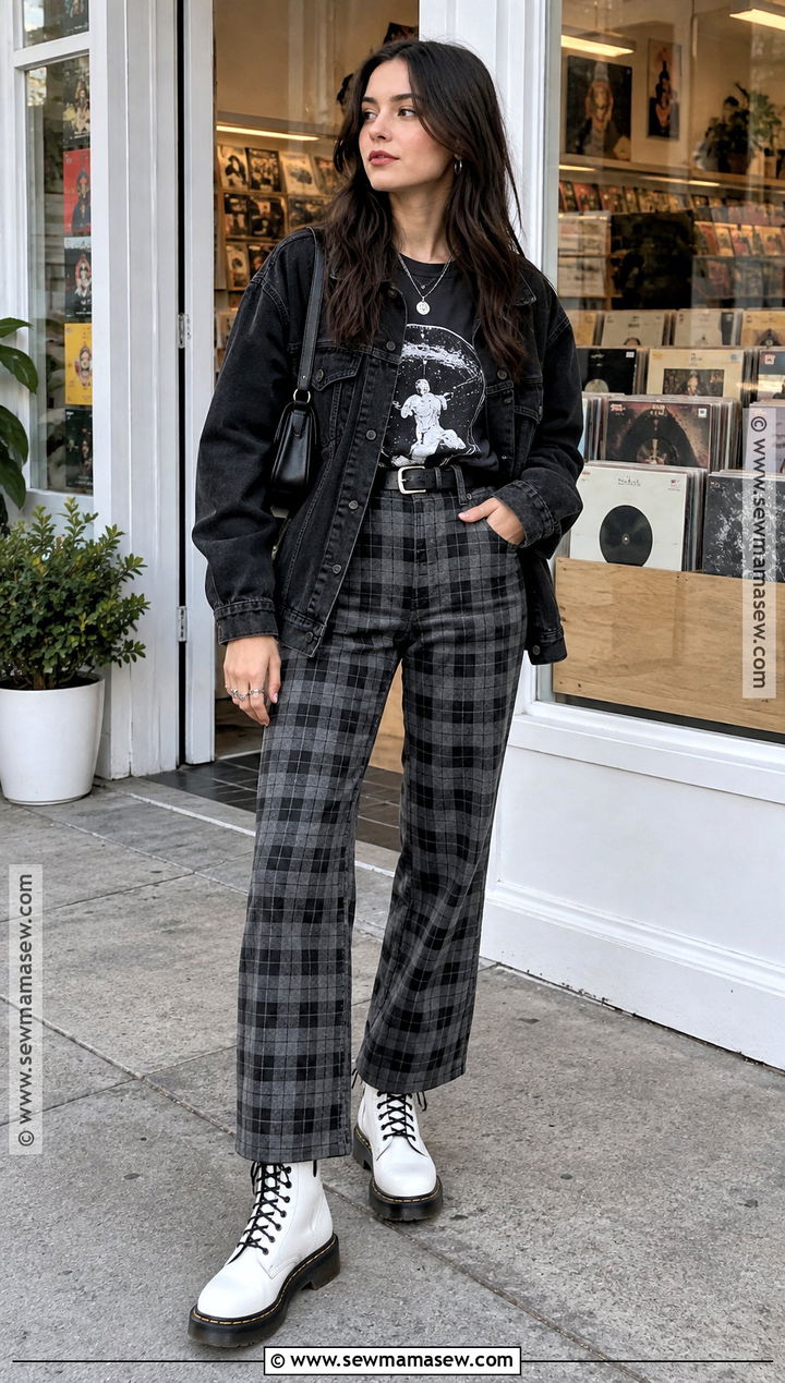 White Doc Martens With Graphic Tee and Plaid Pants - 20 white doc martens outfit fall ideas