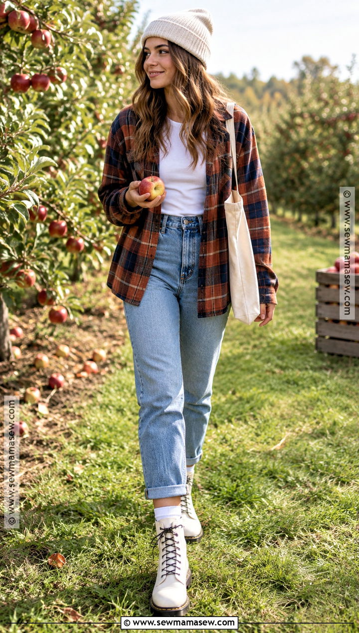 White Doc Martens With Mom Jeans and Flannel Shirt - 20 white doc martens outfit fall ideas