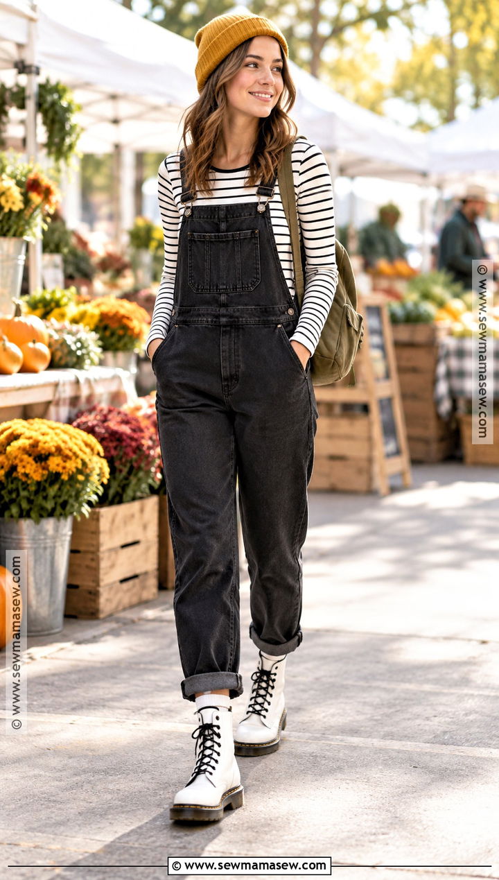 White Doc Martens With Overalls and Striped Tee - 20 white doc martens outfit fall ideas