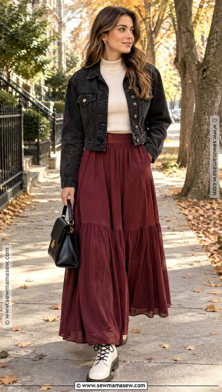 White Dr Martens With Burgundy Maxi Skirt And Cropped Jacket - 20 white dr martens outfit fall ideas