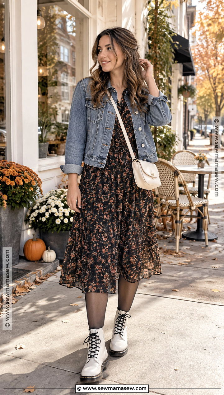 White Dr Martens With Floral Midi Dress And Denim Jacket - 20 white dr martens outfit fall ideas