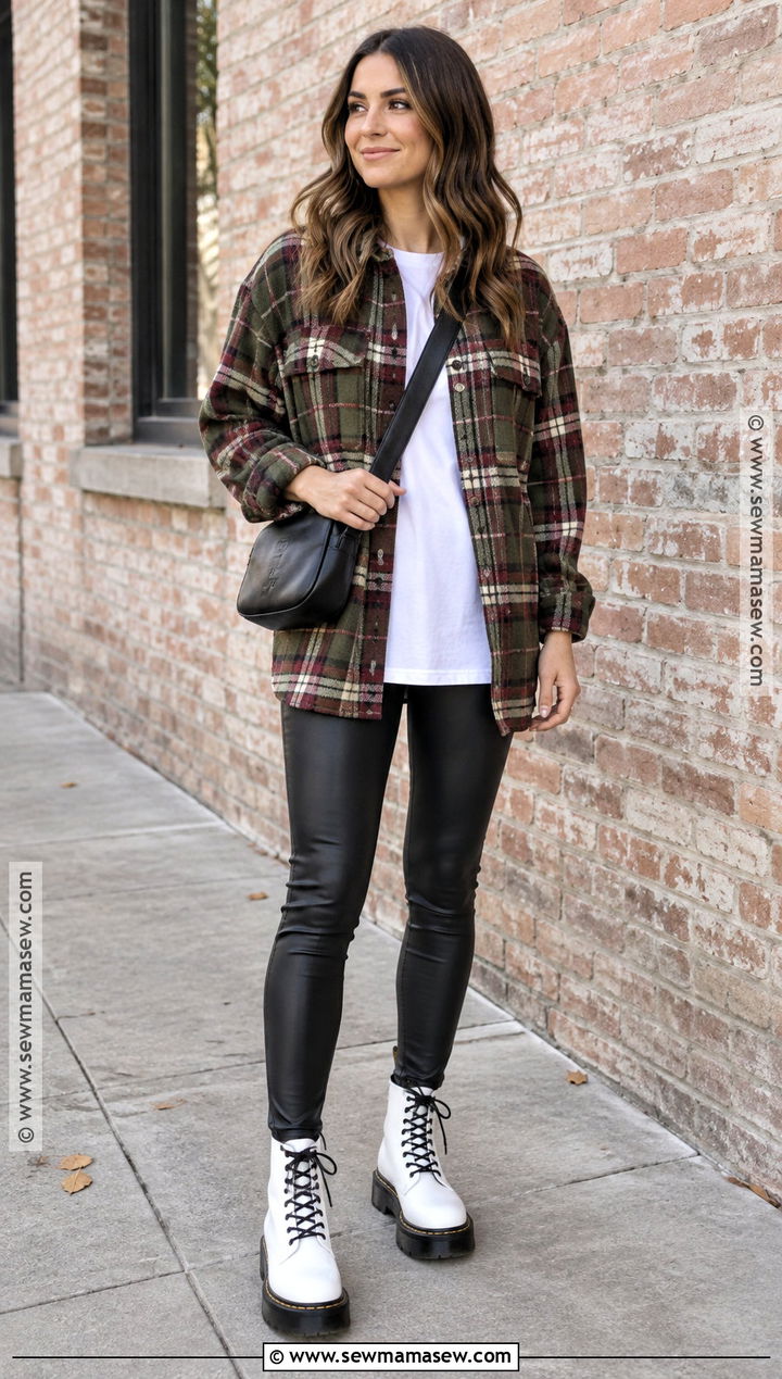 White Dr Martens With Leather Leggings And Plaid Shacket - 20 white dr martens outfit fall ideas