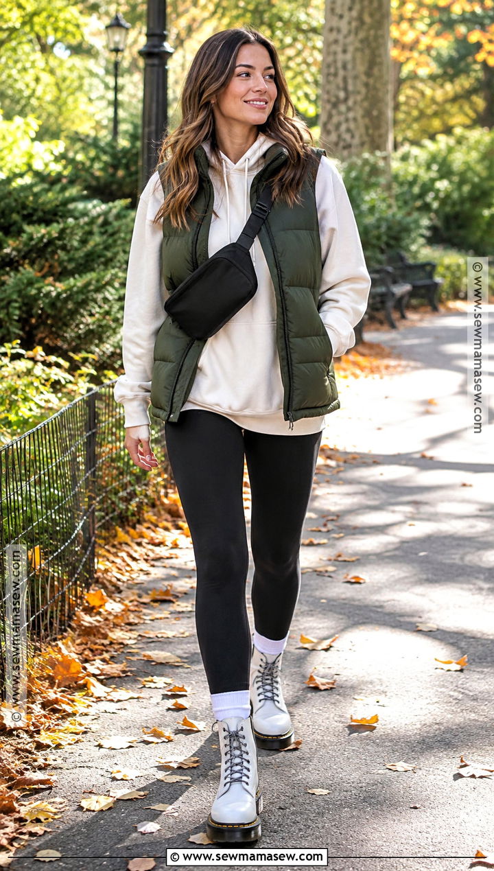 White Dr Martens With Leggings And Puffer Vest - 20 white dr martens outfit fall ideas