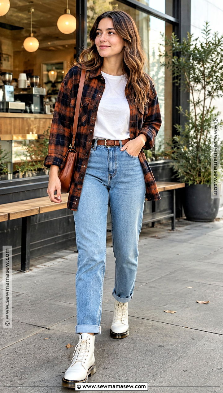 White Dr Martens With Mom Jeans And Flannel Shirt - 20 white dr martens outfit fall ideas