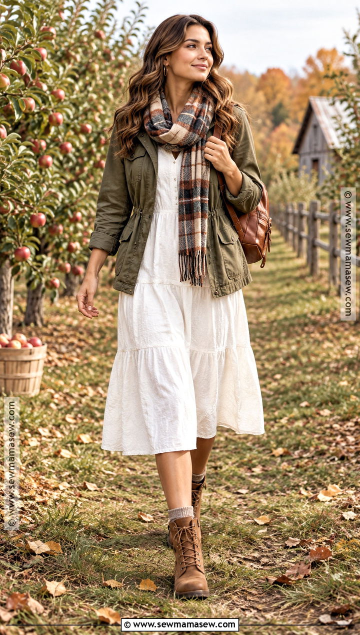 White Dress With Olive Utility Jacket - 20 white dress autumn outfit ideas