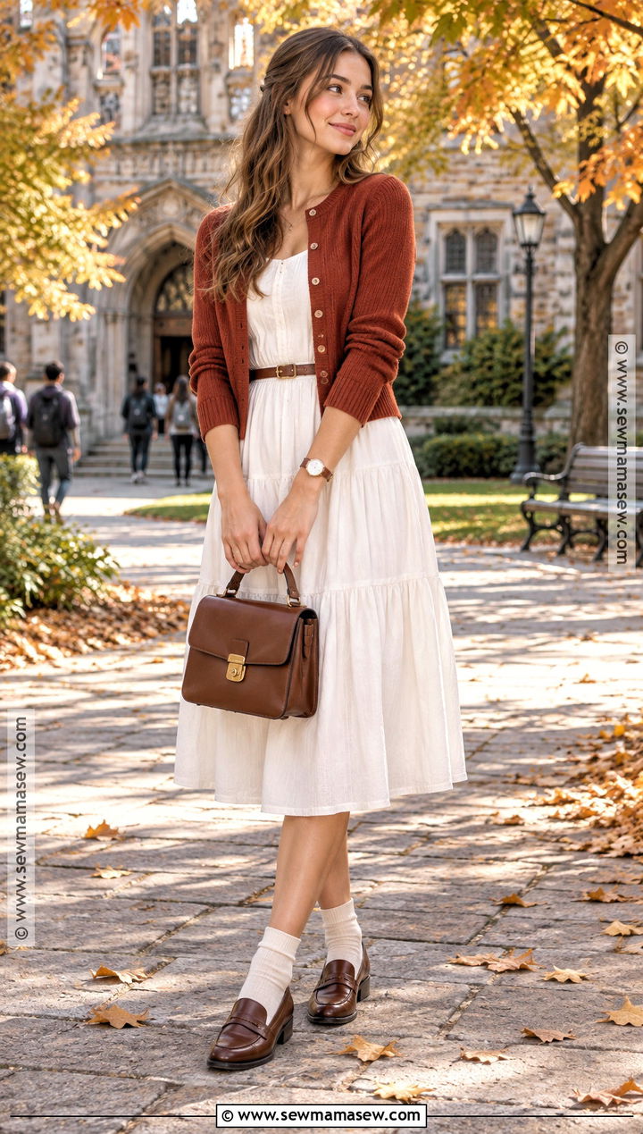White Dress With Rust Cardigan And Loafers - 20 white dress autumn outfit ideas