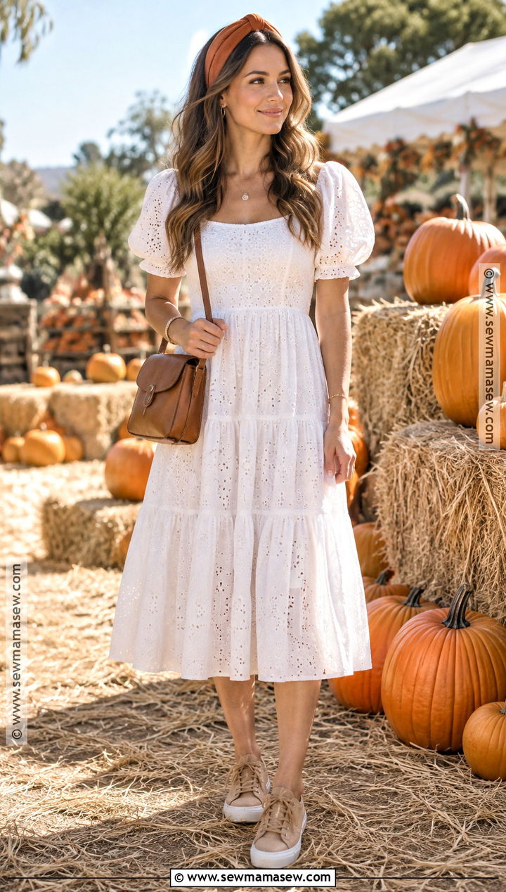 White Eyelet Dress And Tan Sneakers Pumpkin Patch Outfit - 20 Pumpkin Patch Outfit Ideas Hot Weather