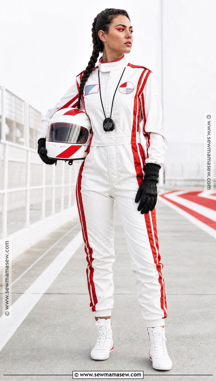 White F1 Driver Costume With Red Stripes - 30 F1 Driver Costume Ideas for Women