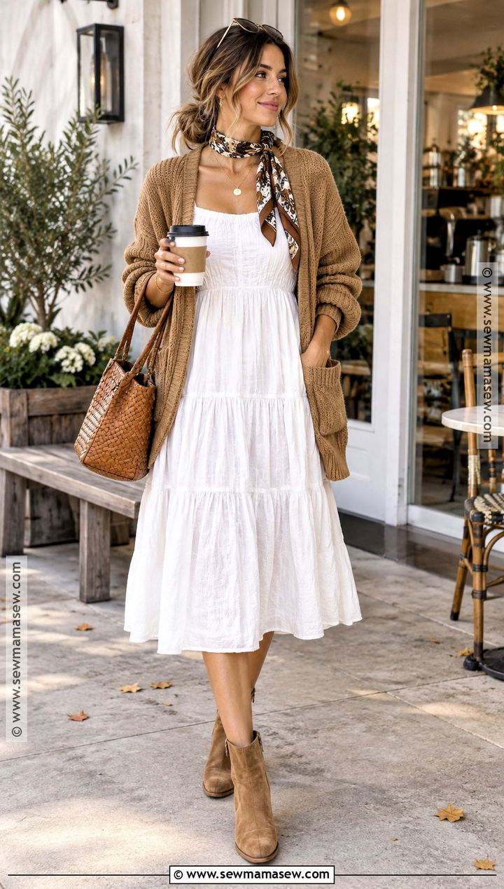 White Fall Sundress Outfit With Chunky Cardigan - 20 fall sundress outfit ideas