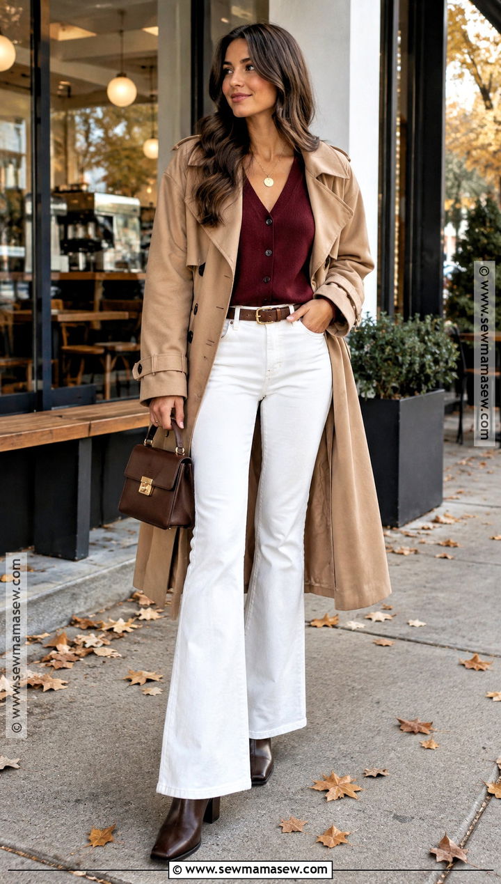 White Flare Jeans With Burgundy Cardigan And Ankle Boots - 15 White Flare Jeans Outfit Fall