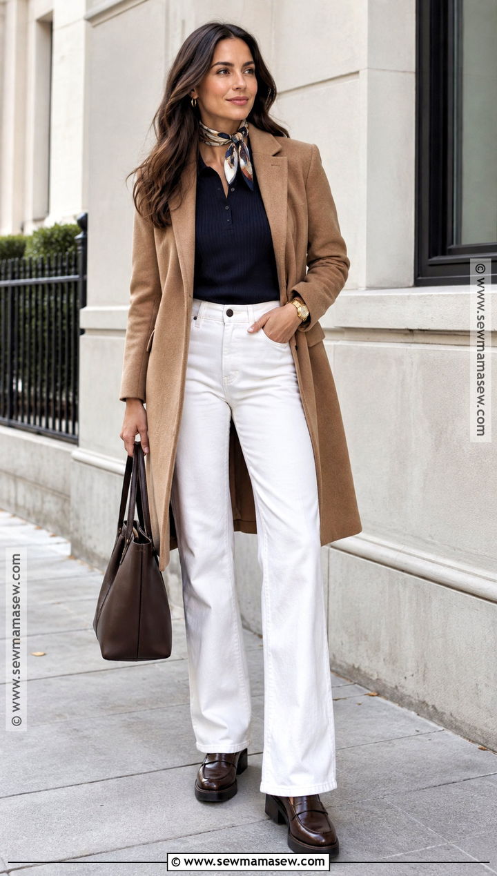 White Flare Jeans With Navy Sweater And Car Coat - 15 White Flare Jeans Outfit Fall