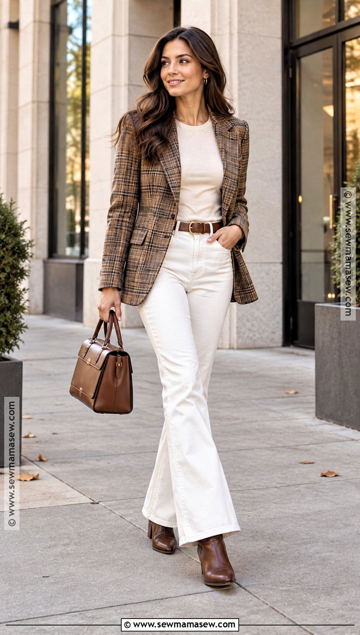 White Flare Jeans With Plaid Blazer And T Shirt - 15 White Flare Jeans Outfit Fall