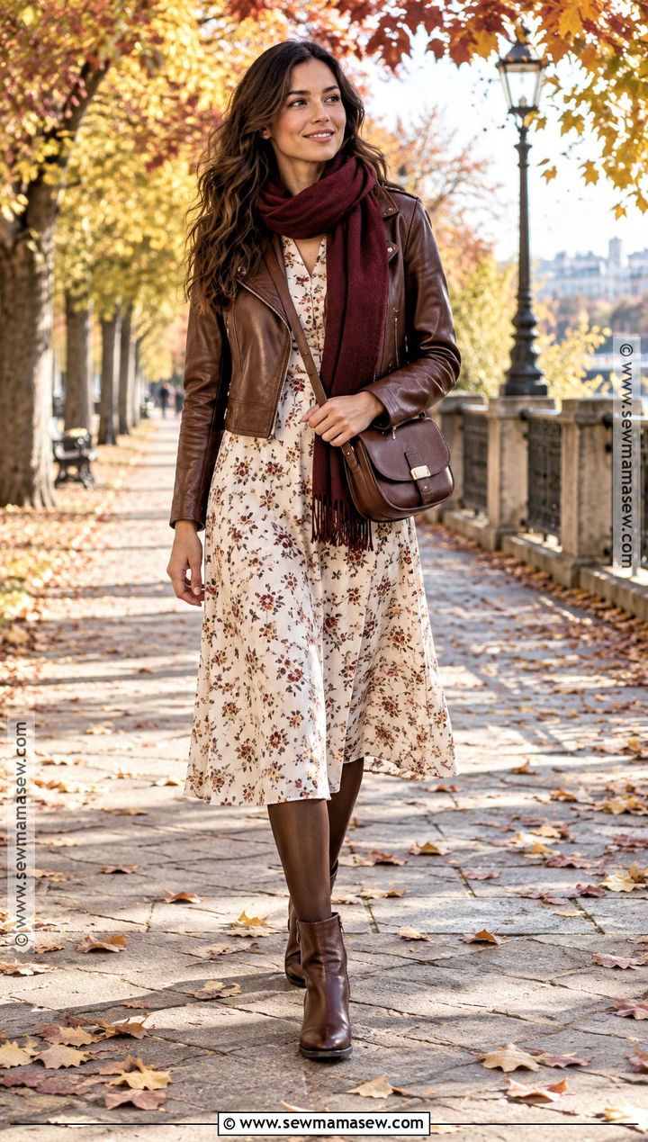 White Floral Dress With Brown Leather Jacket - 20 white dress autumn outfit ideas
