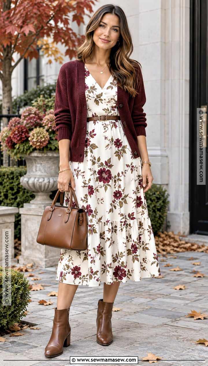 White Floral Dress With Burgundy Cardigan And Boots - 20 white dress fall outfit ideas