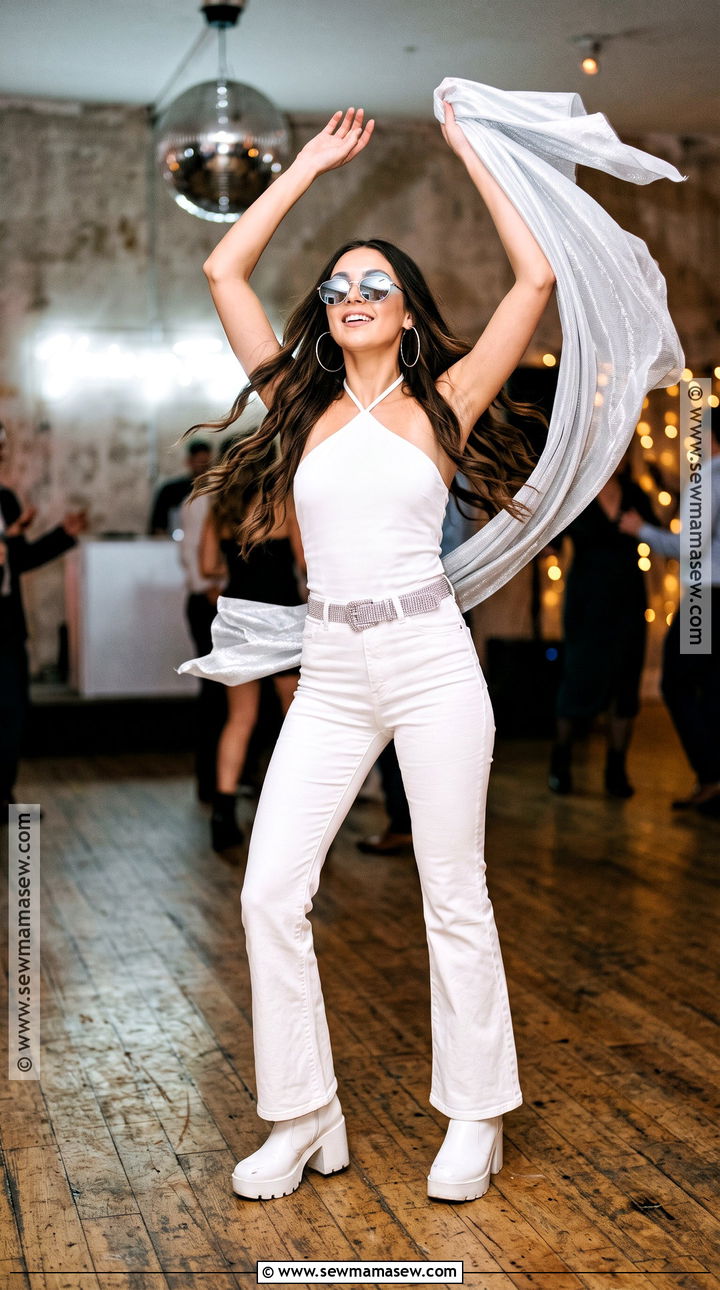 White Halter Top And Flared Pants Disco Costume - 30 disco costume ideas for women