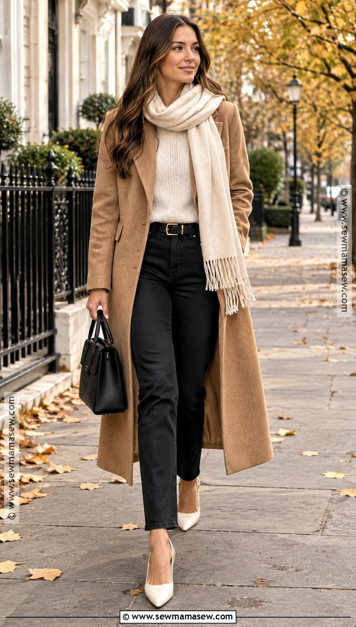 White Heels With Camel Coat And Black Jeans - 15 white heels outfit fall