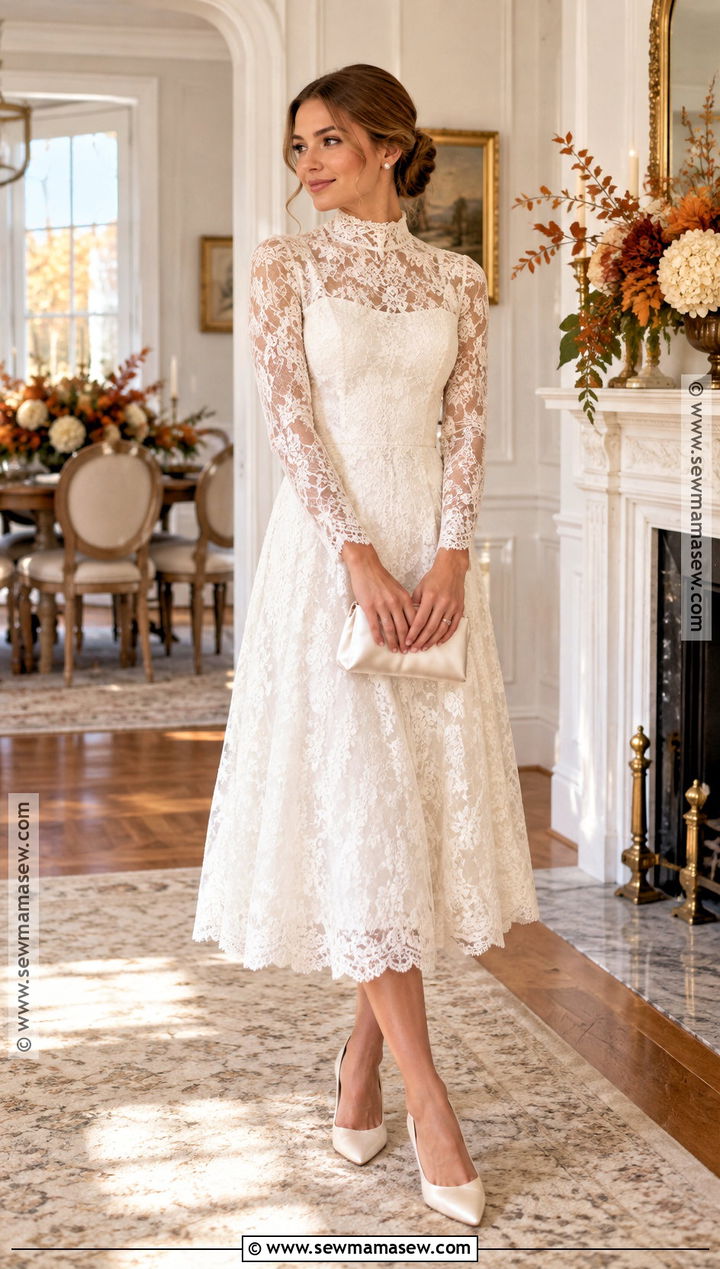 White High Neck Lace Dress - 20 fall bridal shower dress for bride ideas