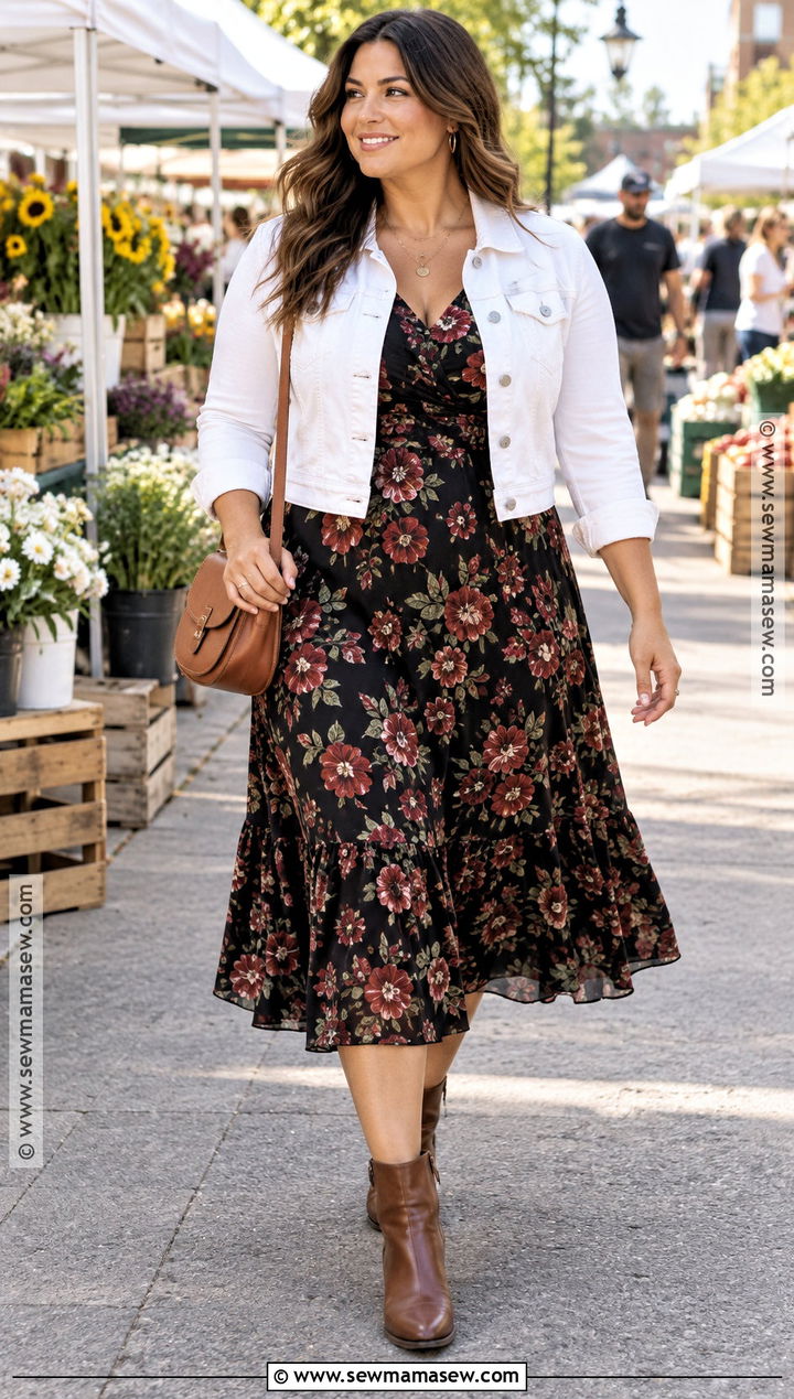 White Jean Jacket With Floral Midi Dress - 20 white jean jacket outfits fall