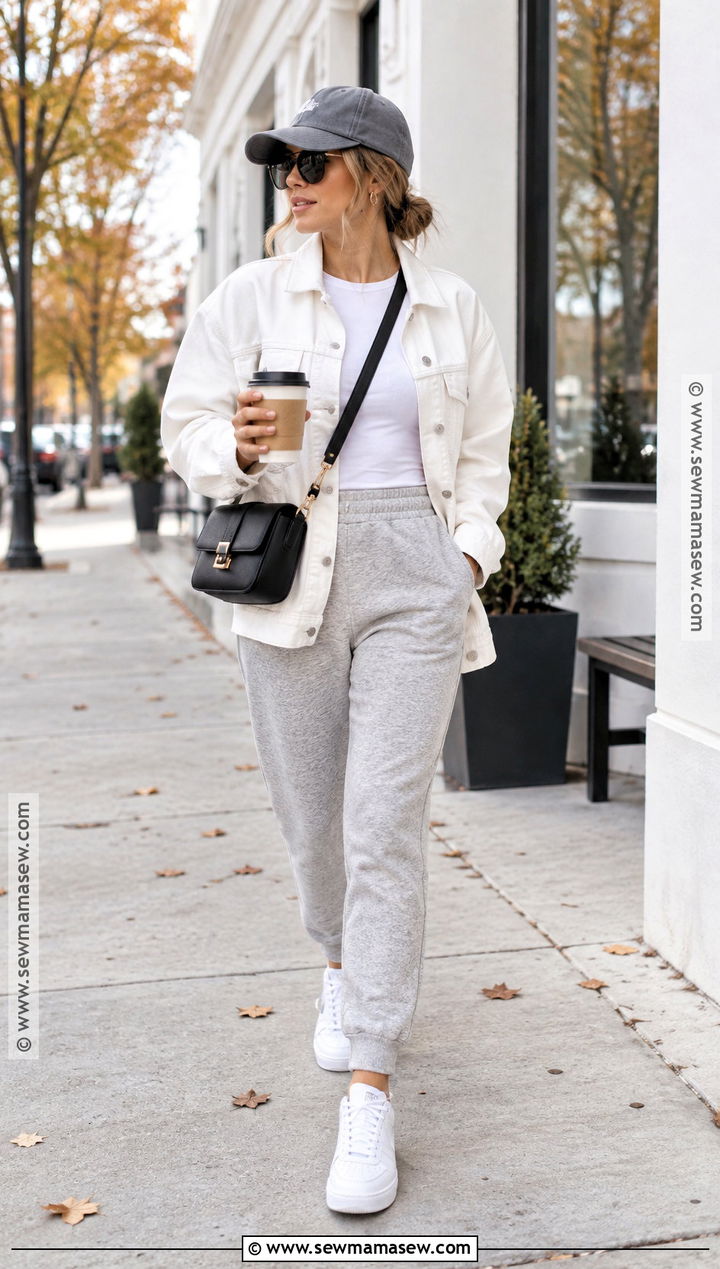 White Jean Jacket With Gray Sweatpants - 20 white jean jacket outfits fall