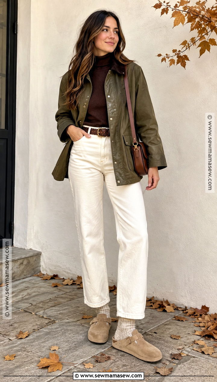 White Jeans And Barn Jacket With Clogs - 20 fall outfits with clogs