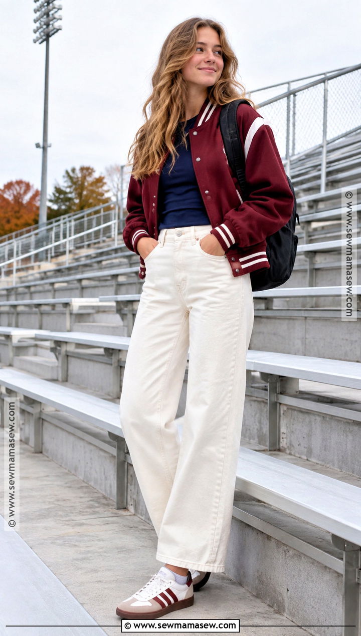 White Jeans And Varsity Jacket Outfit - 15 jeans outfit back to school