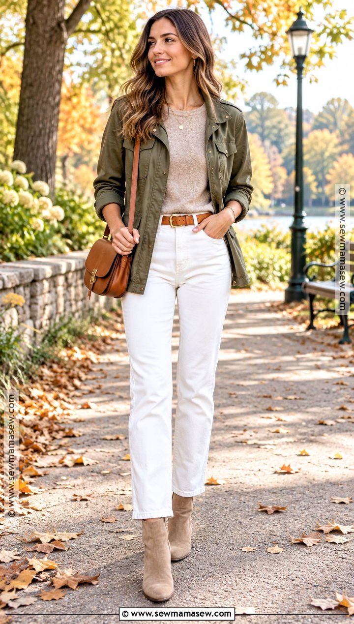 White Jeans Olive Jacket And Taupe Ankle Boots - 15 Fall Jeans Outfit Casual Ankle Boots