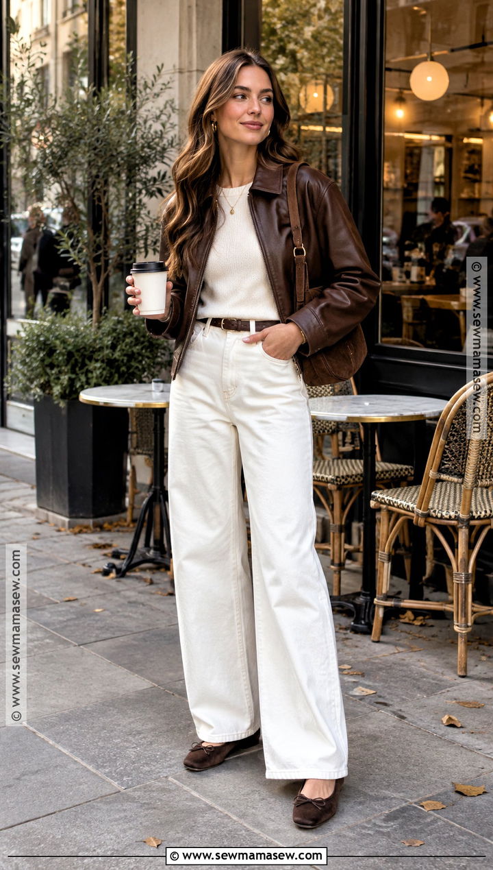 White Jeans With A Chocolate Leather Jacket And Flats - 20 white jeans autumn