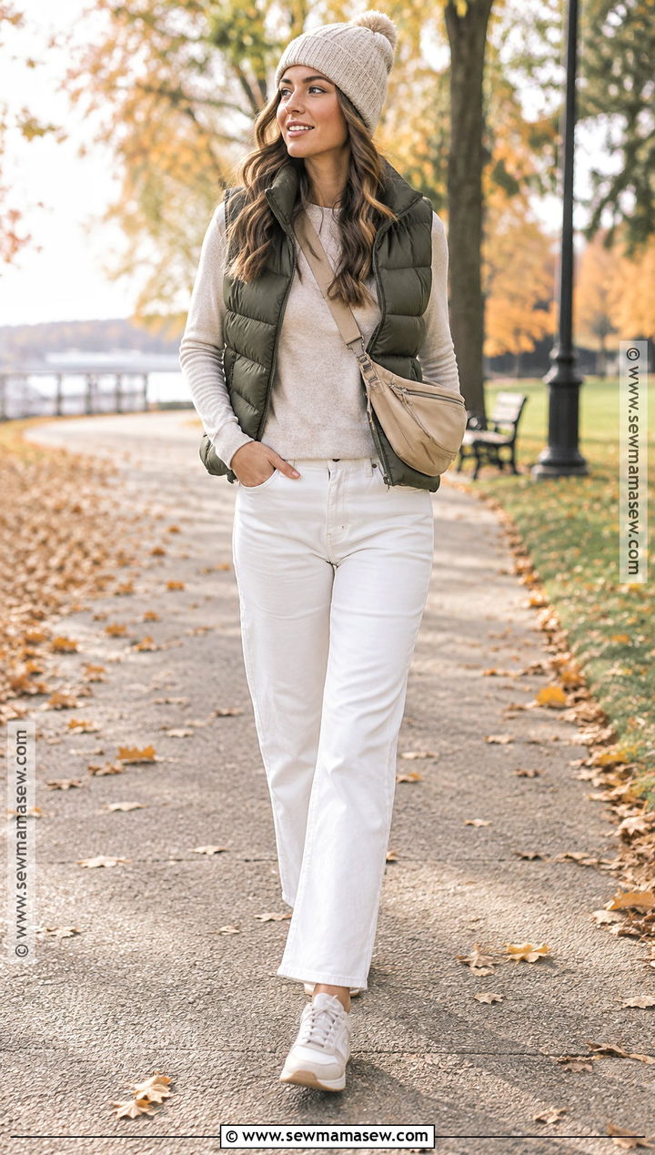 White Jeans With A Puffer Vest And Sneakers - 20 White Pant Fall Outfit Ideas